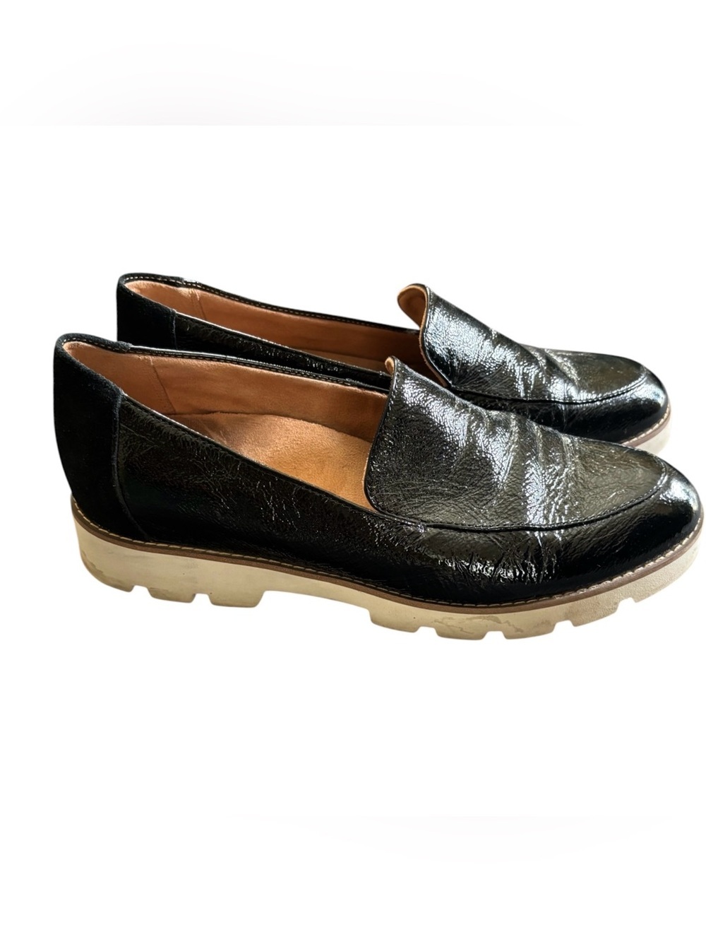 Vionic Kensley Chunky Loafer Sz 9 Black Lug Heel Shiny Leather Shoe Slip On